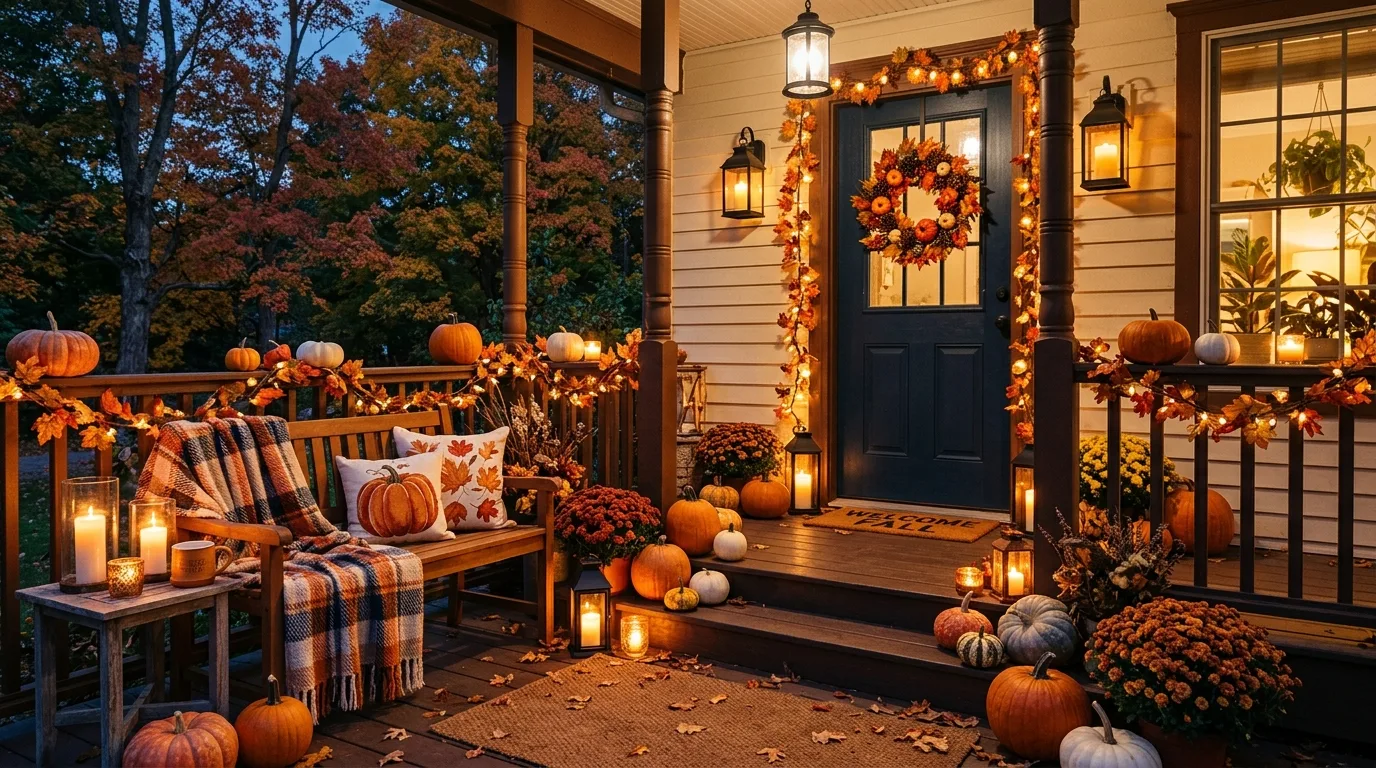 Fall porch with glowing lanterns and candles